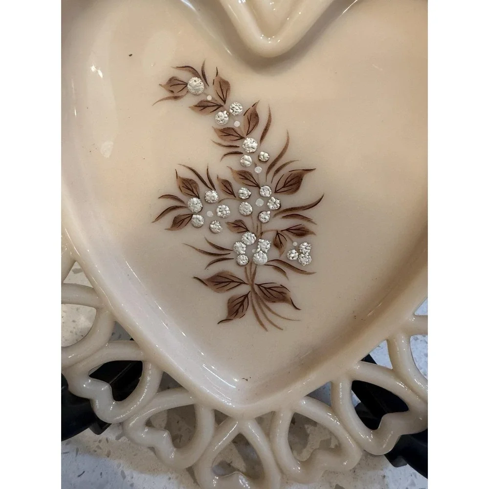 2 Westmoreland Almond Cream Heart Plate Lace Hand Painted Mid Century Milk Glass